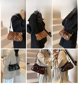 Detail shots of three glossy pleated cloud bags in brown, black, and burgundy leather