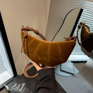 Borsa a mezzaluna vintage in pelle scamosciata marrone con cuciture bianche e nodo