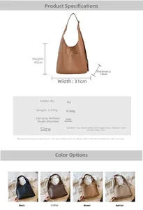 Detailed size chart and multi-color specifications for the large capacity PU tote bag