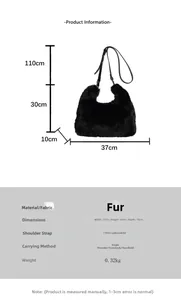Detailed size specifications and material specs for the black faux fur shoulder bag