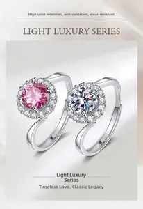 Detail of pink and white halo rings featuring adjustable bands and high-polish finish