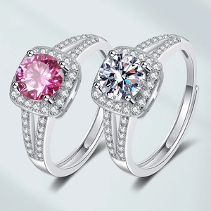 Elegant Round Moissanite Adjustable Ring Copper Silver Plated Square Halo Split Shank Micro Pave Engagement For Women