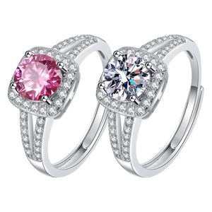Adjustable S925 silver halo rings with pink and white round simulated diamonds