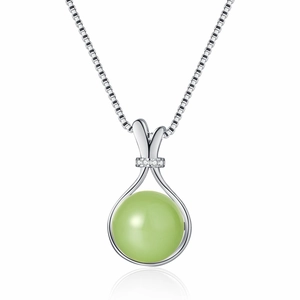 Elegant silver lucky bag necklace with round green gemstone and zircon accents on white base