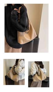 Detail of caramel woven tote bag showing handcrafted faux leather texture and soft drape