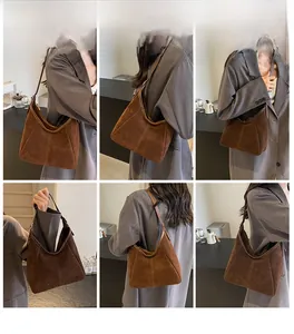 Detailed views of a brown suede hobo bag showing its soft texture and adjustable strap