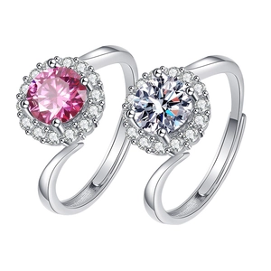Moissanite halo open ring with round pink and white stones in silver setting