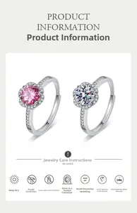 Detail of adjustable flower rings with pink and clear stones and micro-pave setting