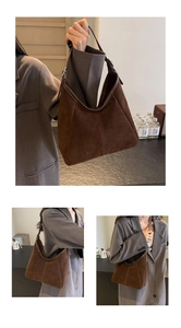 Close-up of retro dark brown suede tote bag with leather piping and trapezoid structure