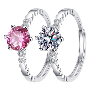 Bagues alvéolées en moissanite avec pierres roses et blanches en métal argenté