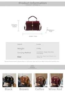 Detail specifications of suede crossbody bag with dimensions 19x13x7cm in multiple colors
