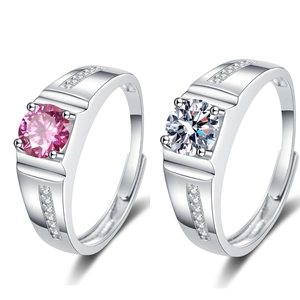 Men Copper Ring Moissanite Zircon Geometric Adjustable Open Design Round Pink White Stone Fashion Jewelry