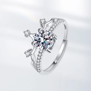 Luxurious silver crown ring with brilliant moissanite stone in a 45-degree angle view