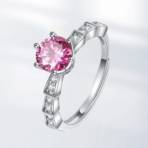 Adjustable 925 silver plated ring with pink cubic zirconia in classic six-prong setting