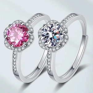 Adjustable Copper Ring For Women Round Flower Halo Cubic Zirconia Fashion Open Design Elegant Jewelry