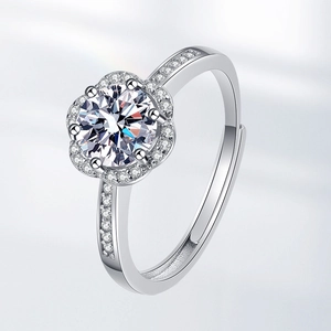 Floral moissanite ring in silver with adjustable band and sparkling accent diamonds