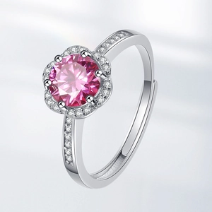 Exquisite S925 silver ring with pink round halo stone and adjustable open band design