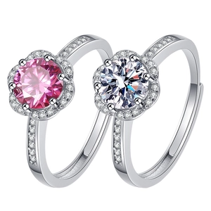 Adjustable floral moissanite ring set with pink and white center stones in silver finish
