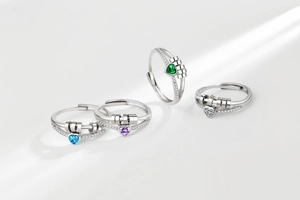 Macro shot of S925 sterling silver stamp on heart-shaped gemstone open ring band