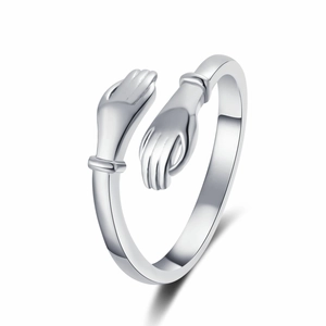 Adjustable silver hugging hands ring featuring a high-polished minimalist embrace design