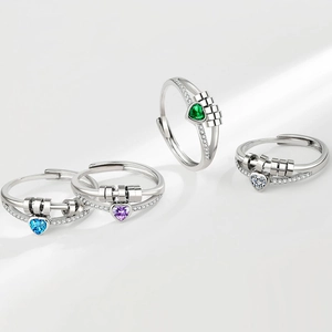 Rotating heart-shaped crystal rings in four colors with S925 silver adjustable bands