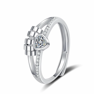 Rotating heart diamond ring with double layer silver band and sparkling crystals