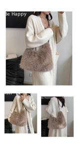 Detail shots of a tan faux fur shoulder bag with leather straps for autumn winter