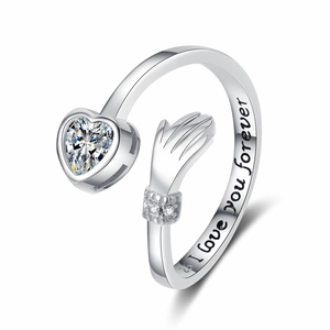 S925 sterling silver hug ring with heart cubic zirconia and I love you forever engraving