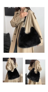 Detail view of black faux fur crescent shoulder bag with leather strap on khaki coat