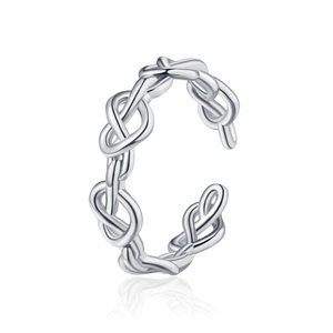 Polished silver chain link knot open ring with minimalist woven heart pattern for women