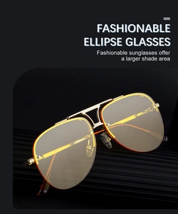 Detail of gold metal double bridge aviator sunglasses with amber lenses and large shade area