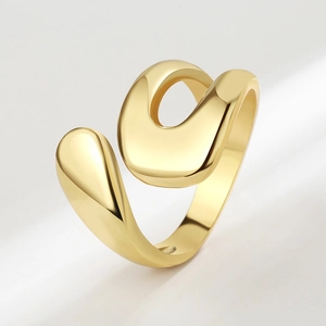 Minimalist irregular golden flowing line open ring with a polished metallic finish