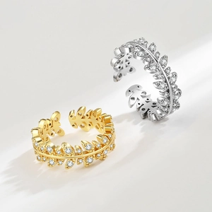 Exquisite leaf design open ring with micro-paved cubic zirconia in gold and silver finish