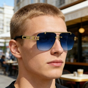 Men's rimless square sunglasses with blue gradient lenses and gold metal engraved double bridge
