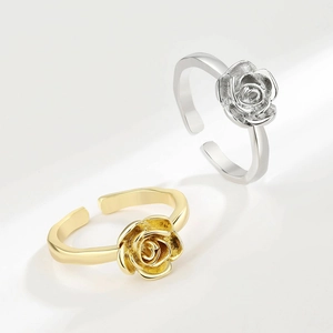Stereoscopic rose flower open rings in gold and silver finish for women