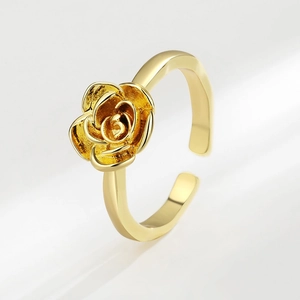 Elegant gold rose ring with layered petals and adjustable open band in minimalist style