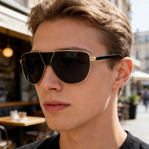 Détail de lunettes de soleil aviateur avec monture en métal doré et verres foncés sur un modèle