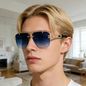 Vintage Square Rimless Sunglasses For Men Fashion Metal Frame Wood Grain Temples Gradient Lens UV400 Outdoor Eyewear