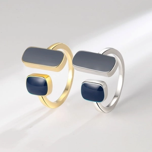 Minimalist Geometric Open Ring Copper Enamel Rectangular Two Tone Adjustable Finger Ring Modern Jewelry For Women
