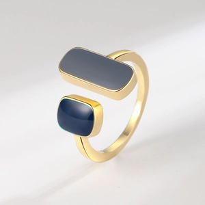 Minimalist adjustable gold ring with blue and grey geometric enamel-like rectangular studs