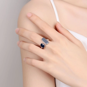 Minimalist silver open ring with navy and grey resin rectangles for women