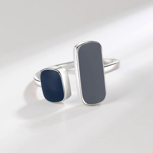 Minimalist silver open ring with geometric grey and blue enamel drip glue accents
