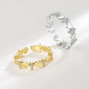 Adjustable heart and cross rings with sparkling zircons in gold and silver finish