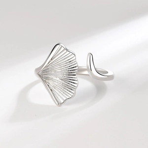 Elegant silver ginkgo leaf open ring with detailed radial textures and minimalist style