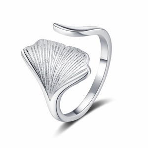 Silver ginkgo leaf open ring with delicate radial texture on a clean white background