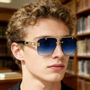 Close-up of square rimless sunglasses with blue gradient lenses and gold metal frames