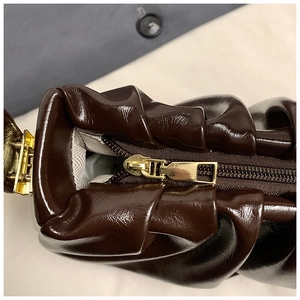 Macro shot of gold metal zipper and inner lining on dark brown pleated cloud bag