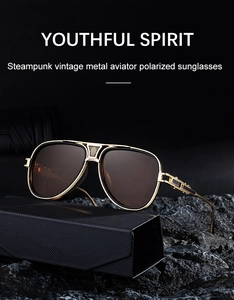 Detailansicht der Steampunk-Pilotenbrille mit Goldmetallrahmen auf einem Premium-Etui