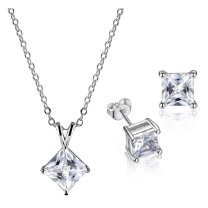 Collier Et Boucles D Oreilles Zircon Carré Cuivre Avec Tige En Argent Sterling 925 Bijoux Géométriques Coupe Princesse Pour Femmes