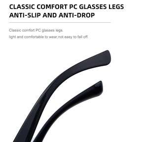 Detail of anti-slip black sunglasses arms with high-gloss finish and flexible PC material